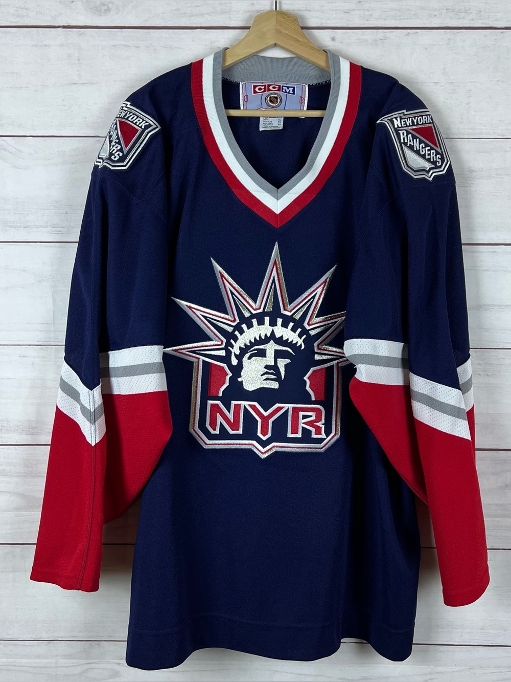 Vintage CCM New York Rangers Jersey Mens XL Hockey Lady Liberty Air Knit 90s